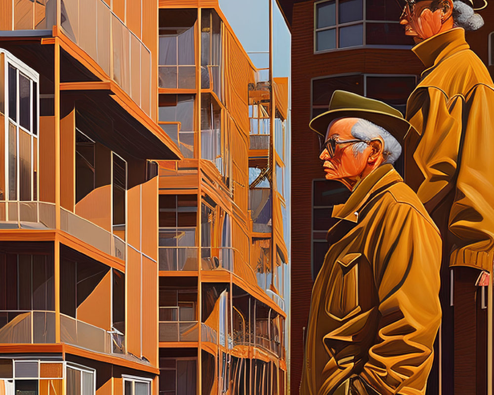 Elderly men in trench coats at marina with boats and modern buildings