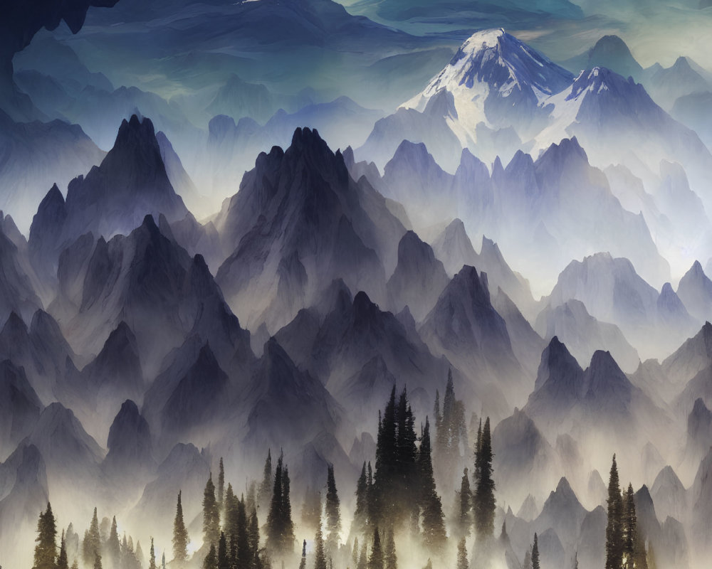Misty Mountains with Snow-capped Peaks and Dark Forest Landscape