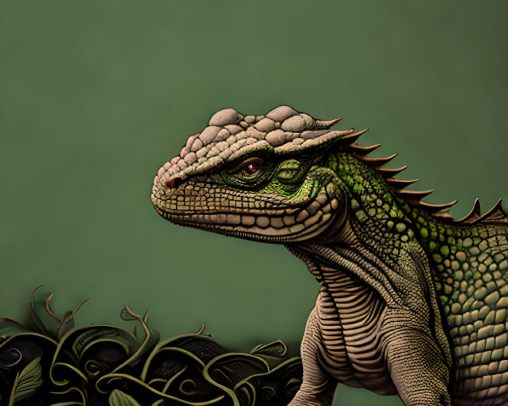 Detailed illustrated lizard on green leaves against olive green background