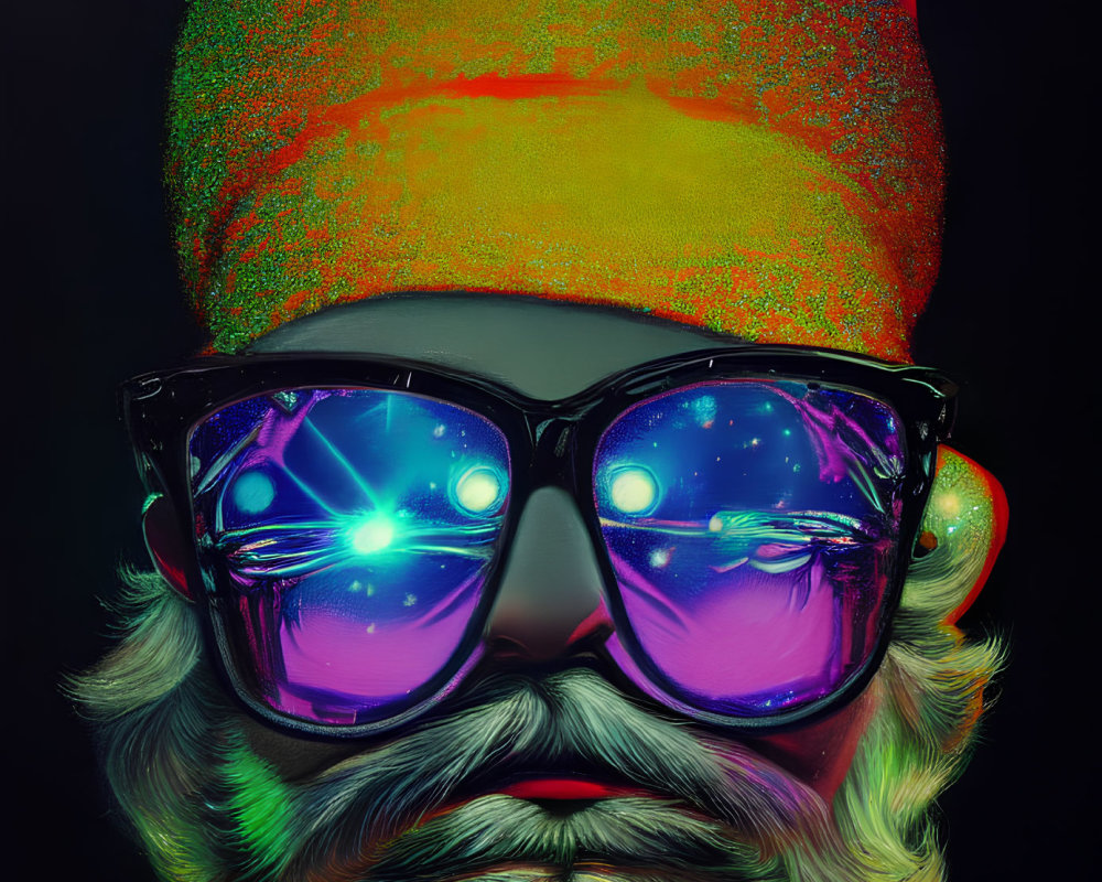 Colorful Beanie Character with Neon Glasses and Grey Beard