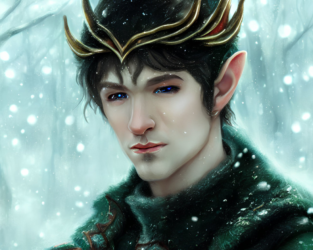Elf with pointed ears in green cape and crown, in snowy forest