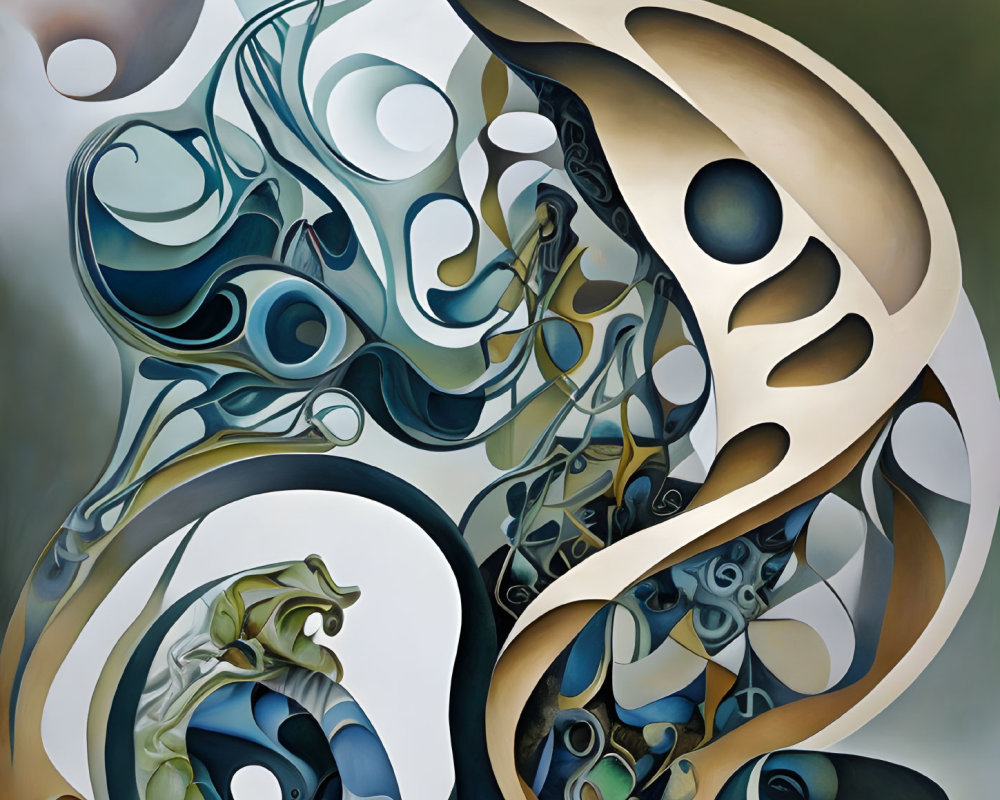 Earth-toned abstract swirls and curved shapes with hints of turquoise