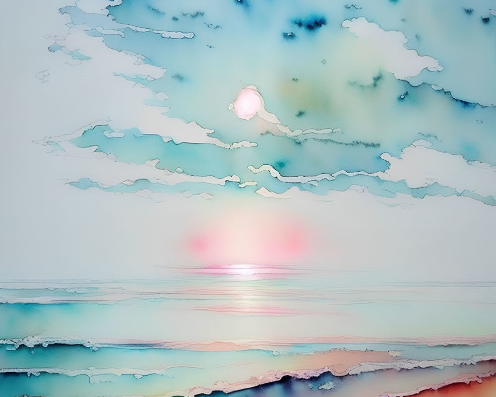 Layered Abstract Artwork: Dreamlike Landscape in Blues, Pinks, and Whites