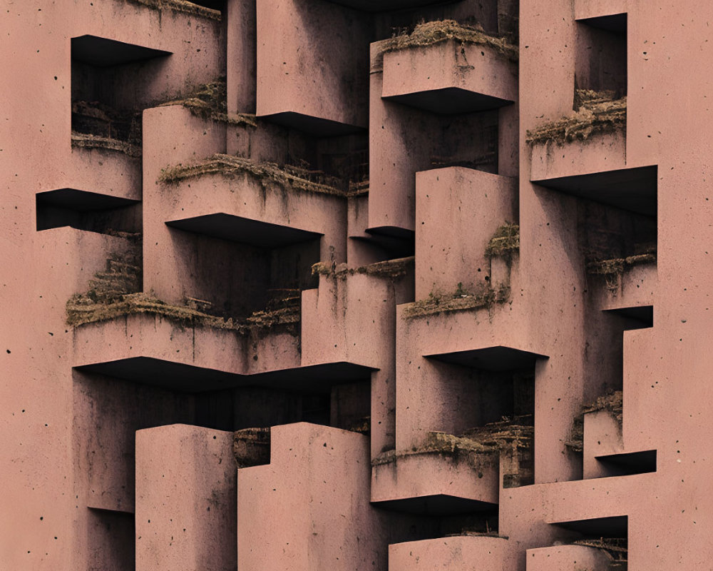 Weathered Pink Concrete Building with Rectangular Protrusions and Balconies