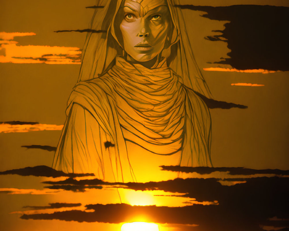 Intense-eyed figure in desert landscape at sunset