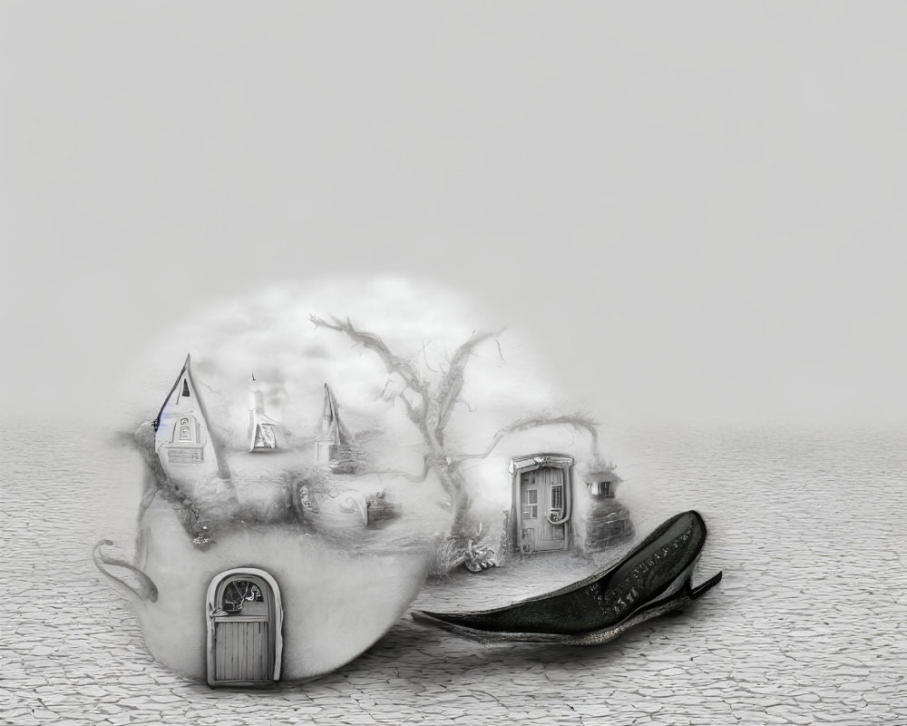 Monochrome surreal artwork: cracked eggshell, whimsical village, barren trees, antique shoe