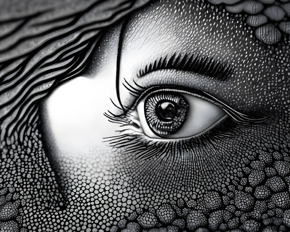 Detailed grayscale eye illustration with intricate patterns and reflective iris