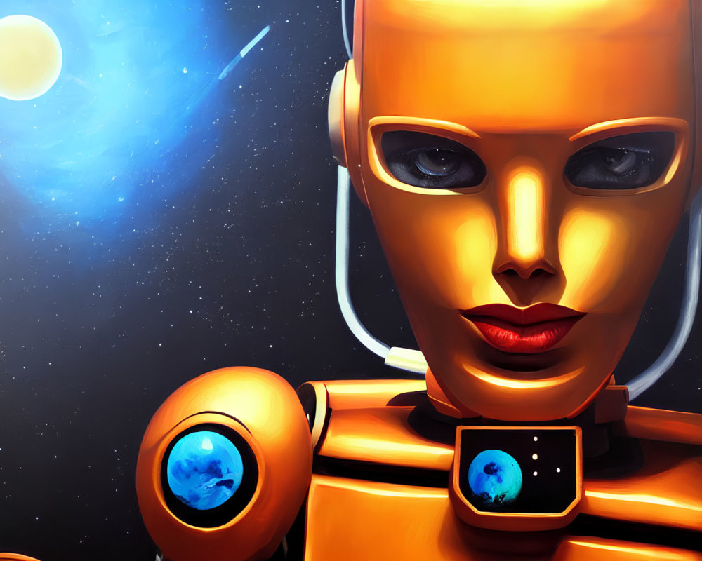 Humanoid Robot Close-Up in Glossy Orange Against Cosmic Background
