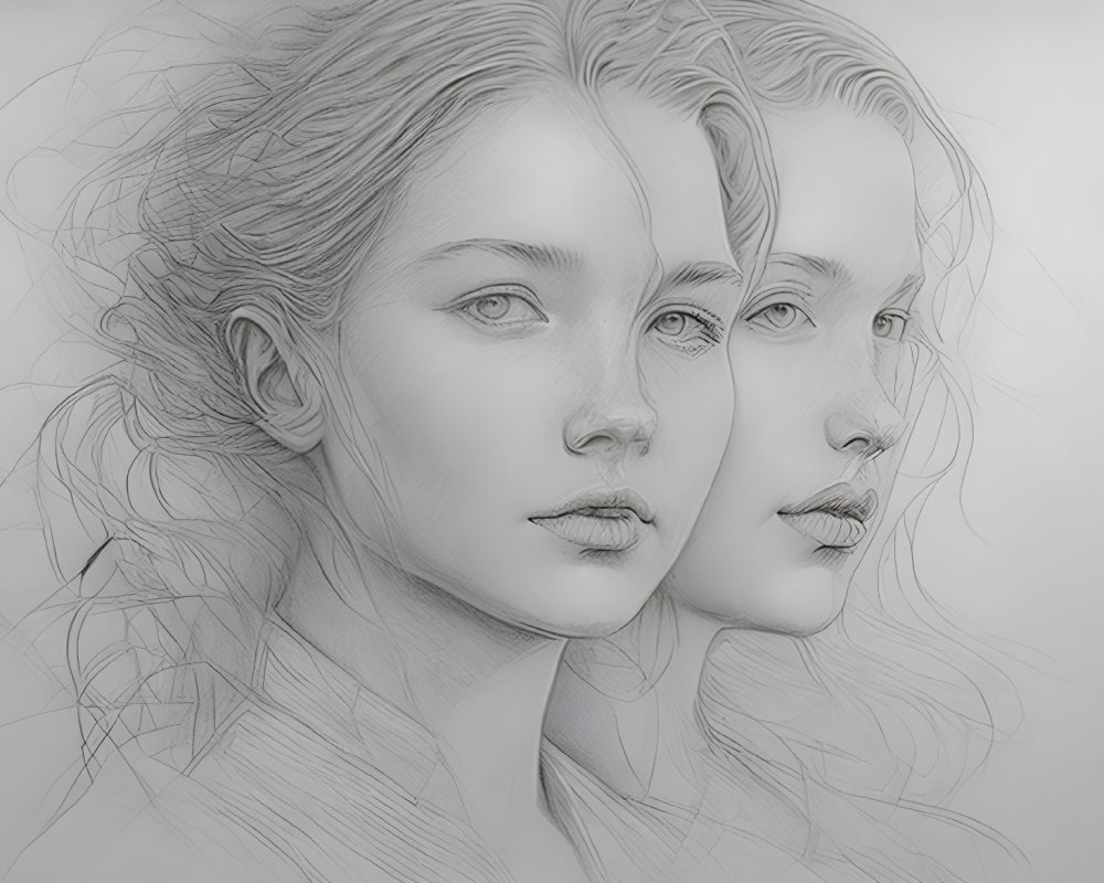 Detailed pencil sketch of two women with wispy hair, one facing forward and the other in profile,