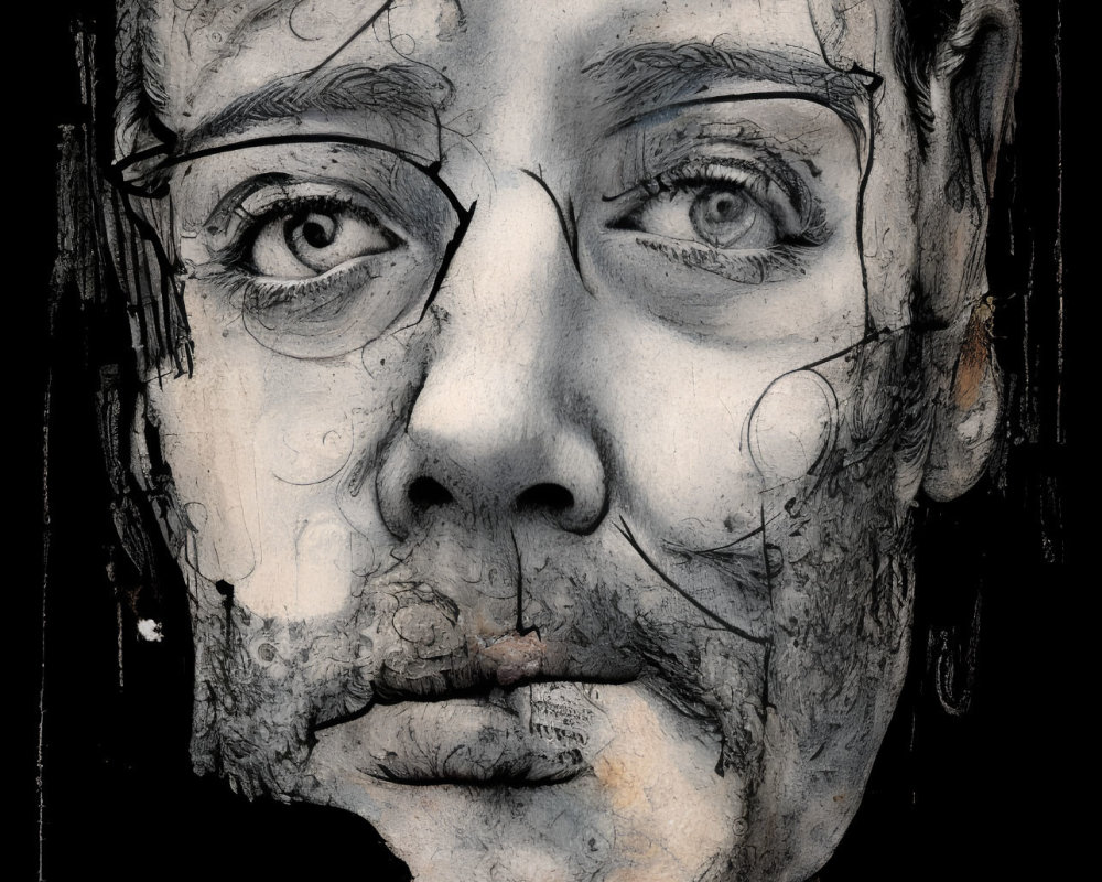 Detailed monochromatic sketch of a fragmented face with intense eyes and paint splashes