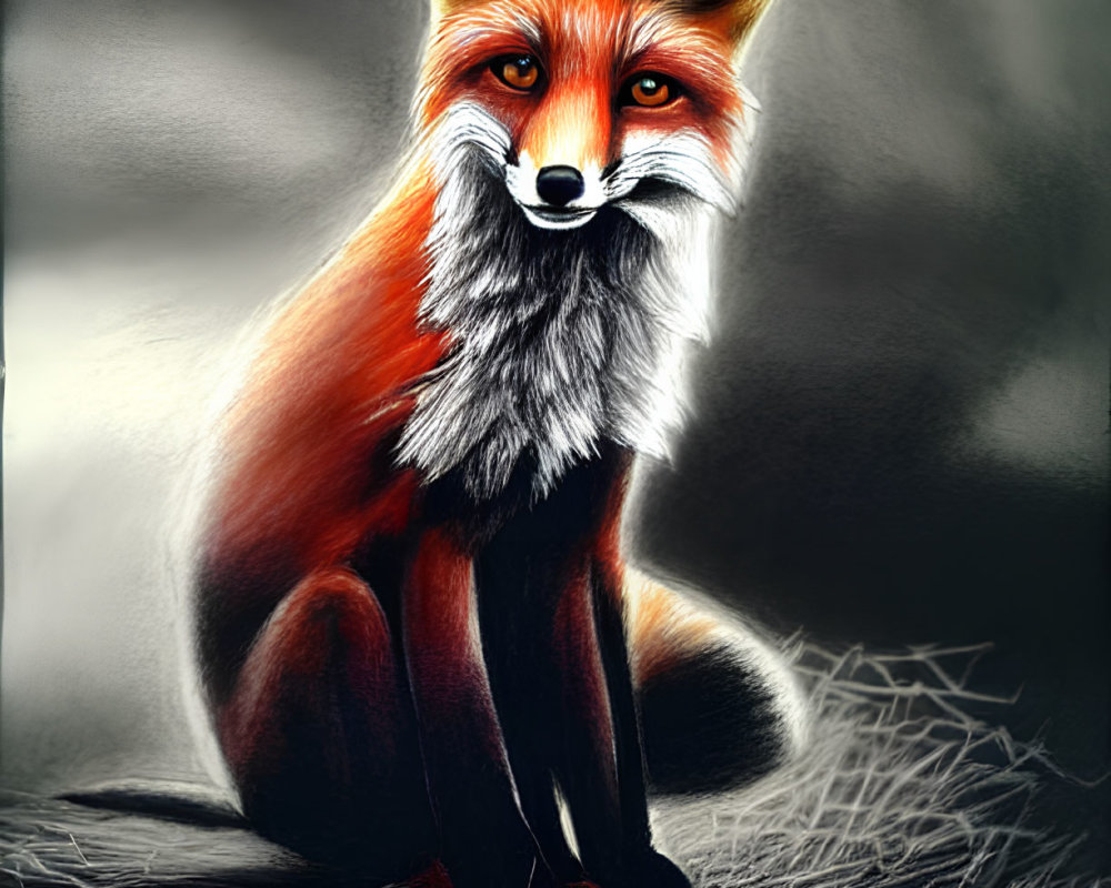 Detailed digital painting of red fox with sharp gaze and highlighted fur