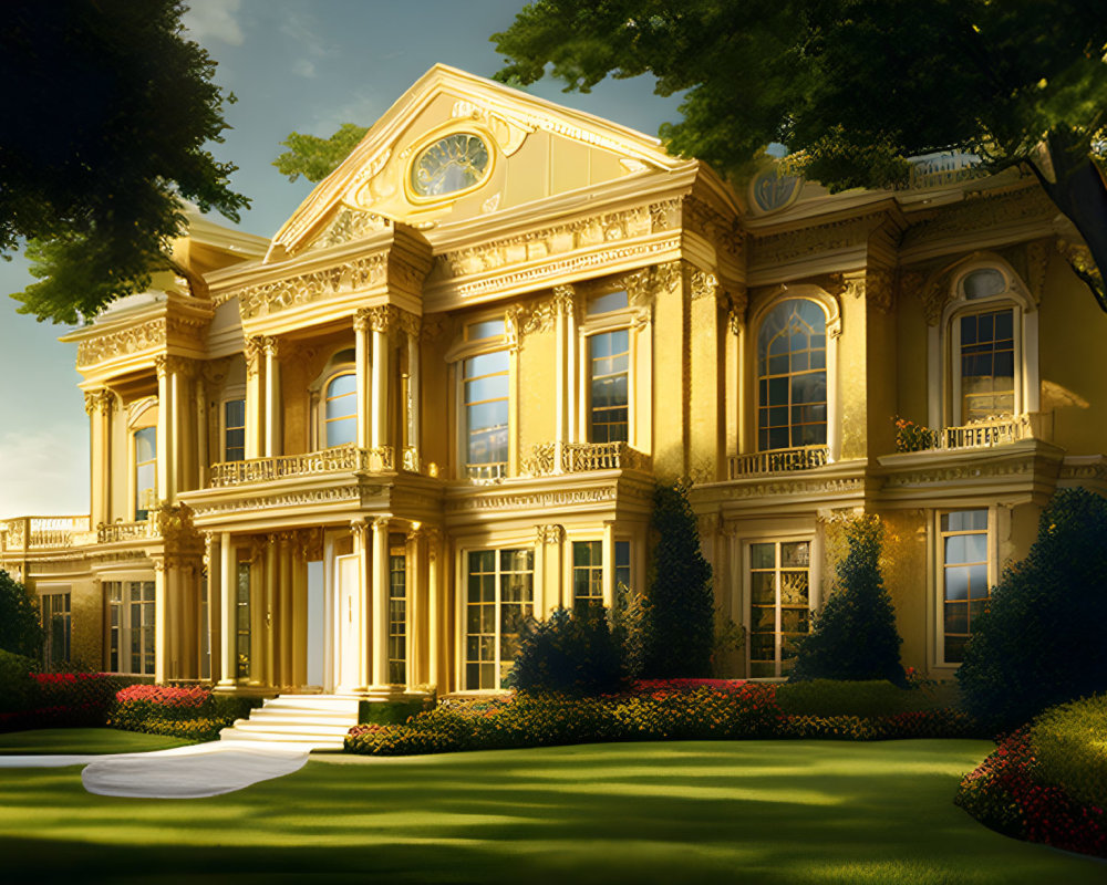 Elegant classical mansion in sunlight with ornate gardens
