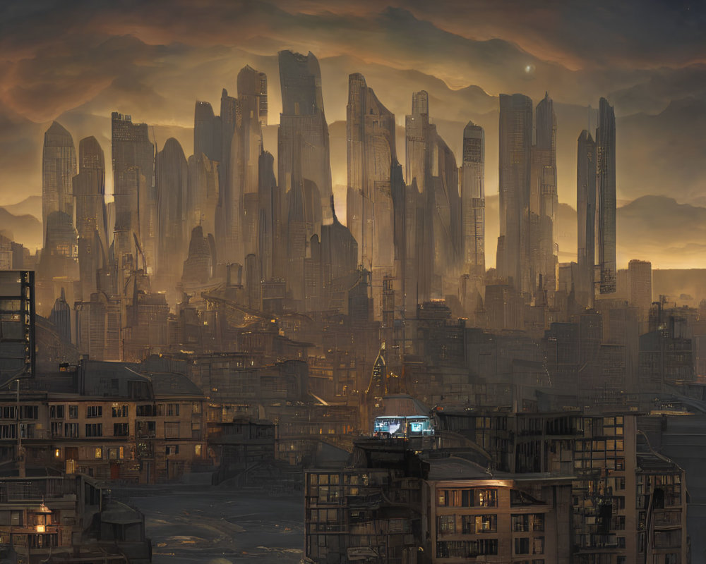 Futuristic cityscape with glowing skyscrapers at dusk