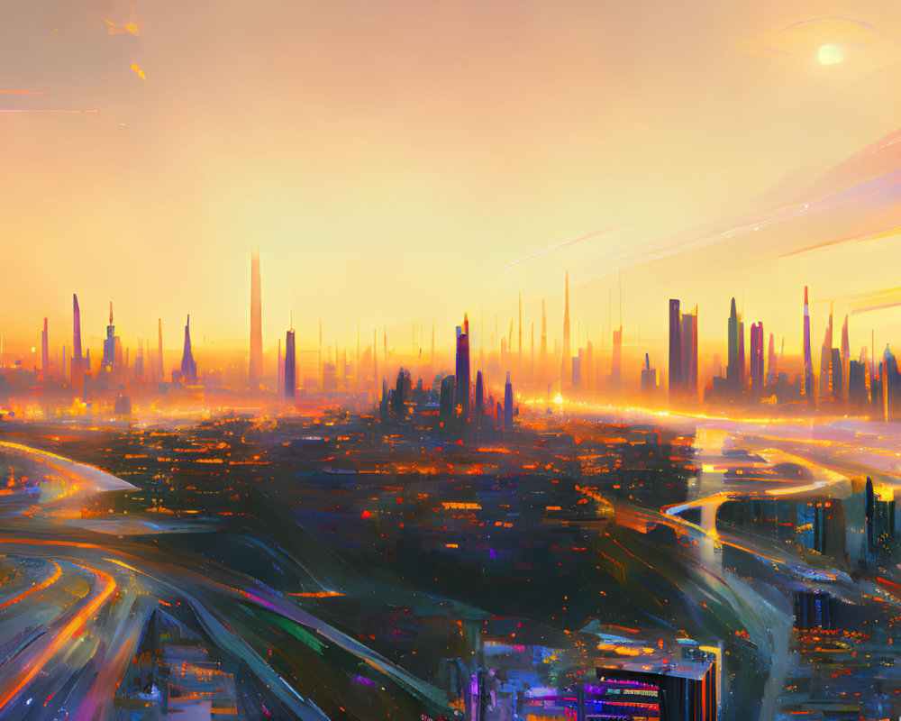 Futuristic cityscape with skyscrapers at sunset