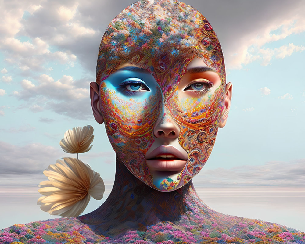 Colorful surreal portrait of figure with intricate patterns and blue eyes in flowery landscape.