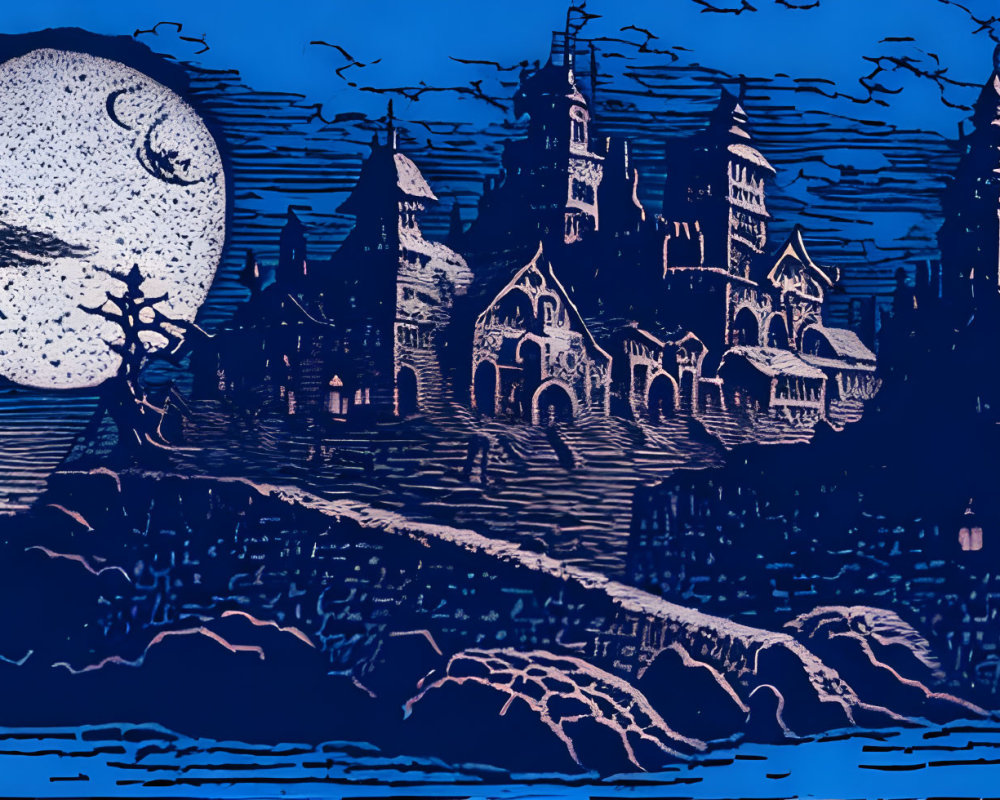 Gothic-style castle, full moon, ship in blue tones - textured illustrative style