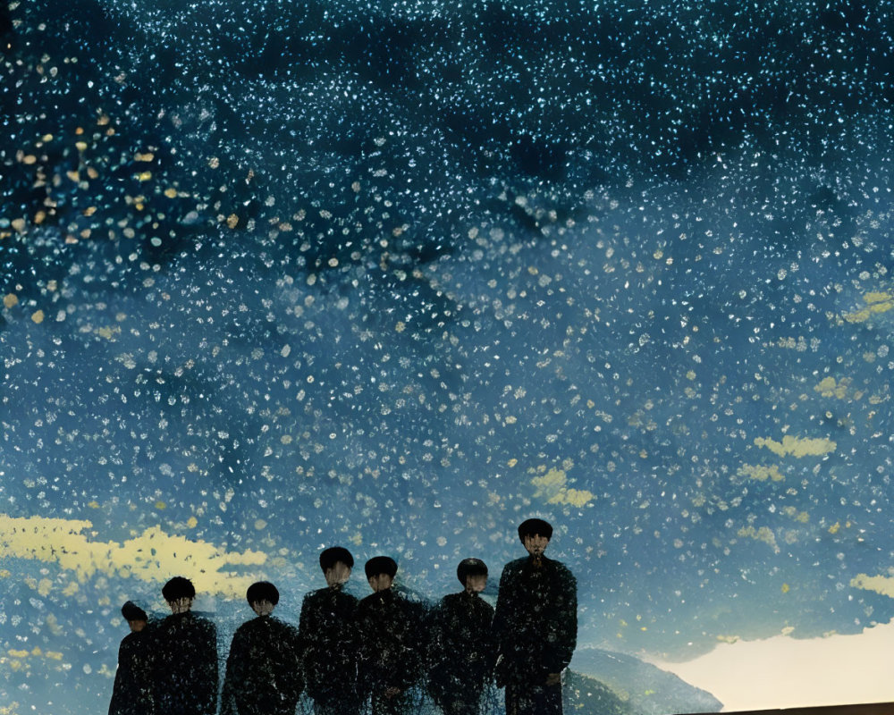 People on Bridge Under Starry Night Sky with Firefly-like Lights