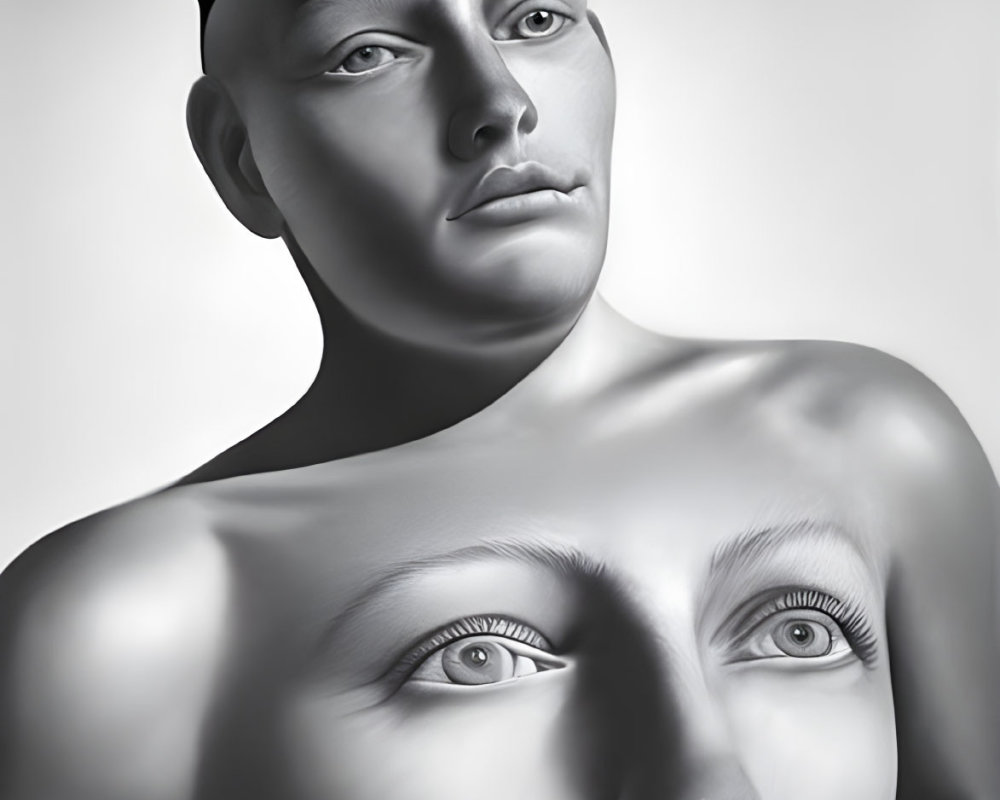 Surrealist grayscale image of person with duplicate chest eyes