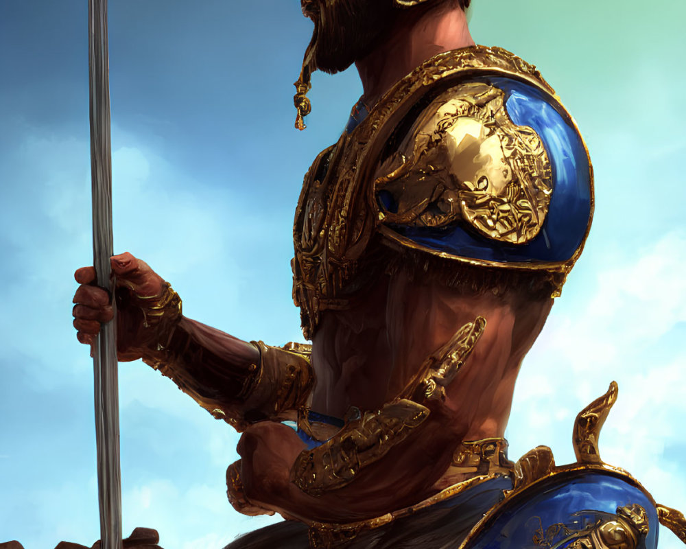 Majestic warrior in golden-blue armor with spear against cloudy sky