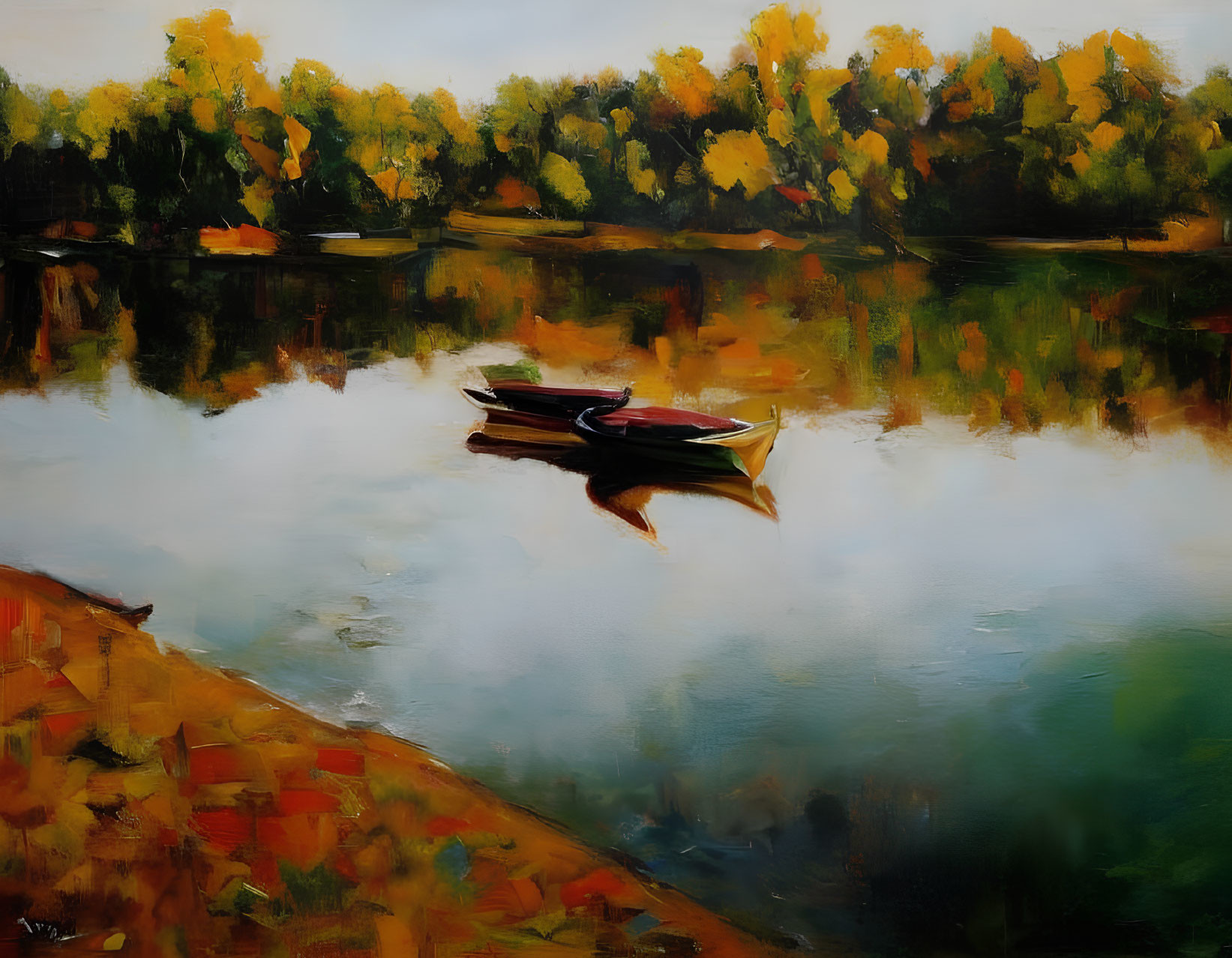 Tranquil oil painting of autumn lake with moored boats