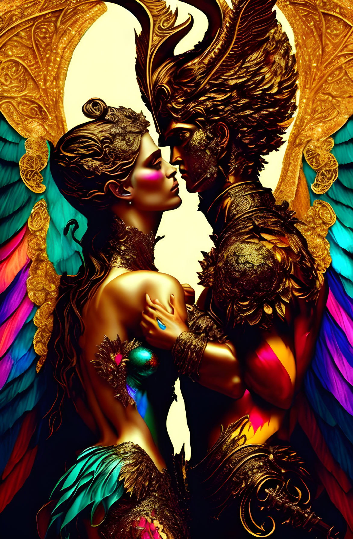 Detailed male and female figures with ornate headdresses, vibrant wings, and golden armor in close stance