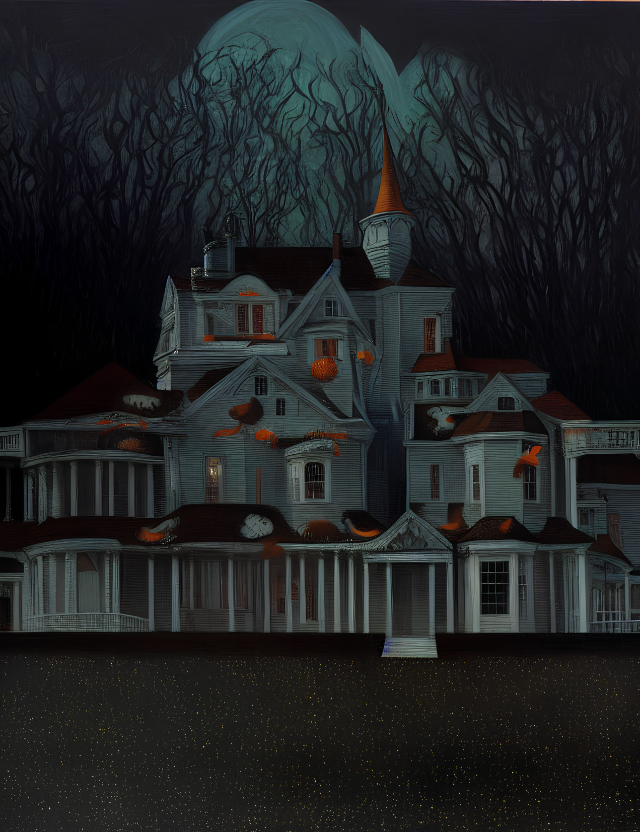 Spooky haunted house with glowing orange windows and spire on dark night landscape
