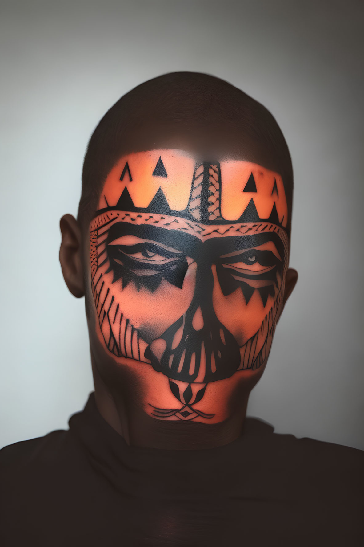 Person with Jack-o'-lantern Face Paint and Glowing Eyes