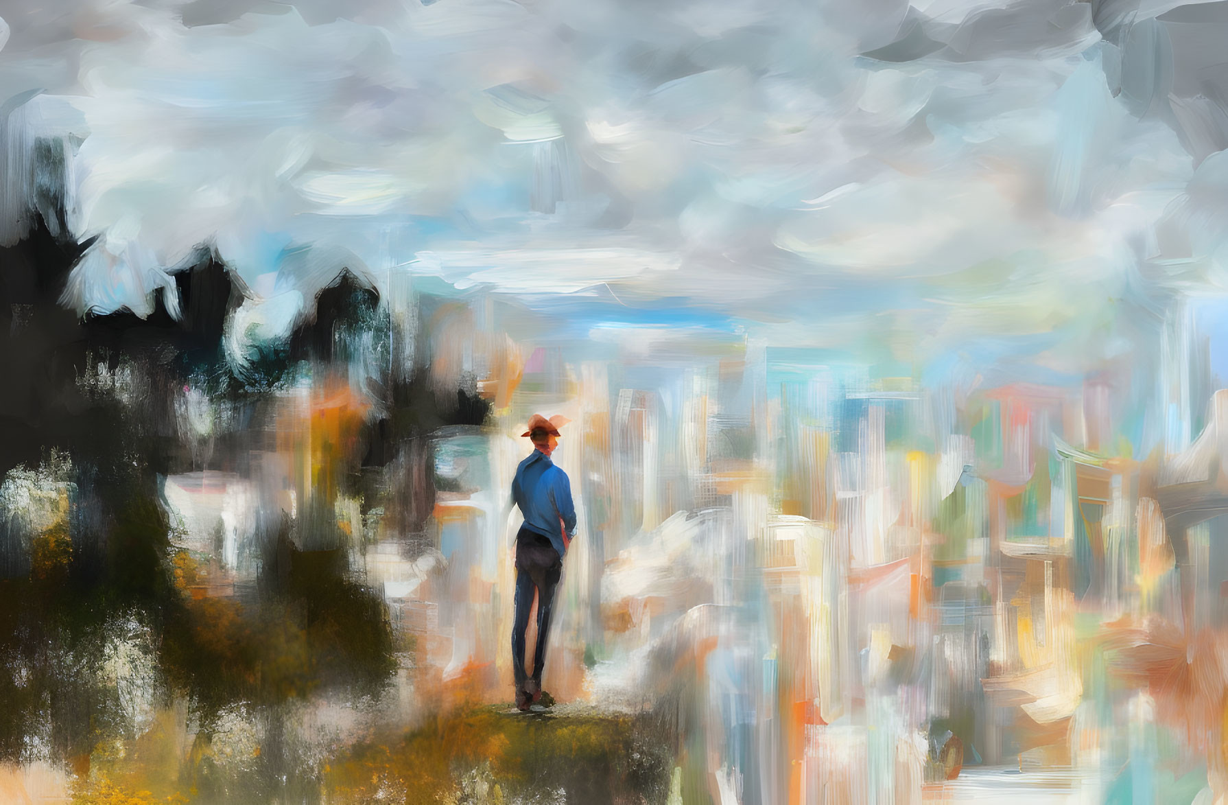 Person in hat gazes at vibrant, abstract cityscape under cloudy sky