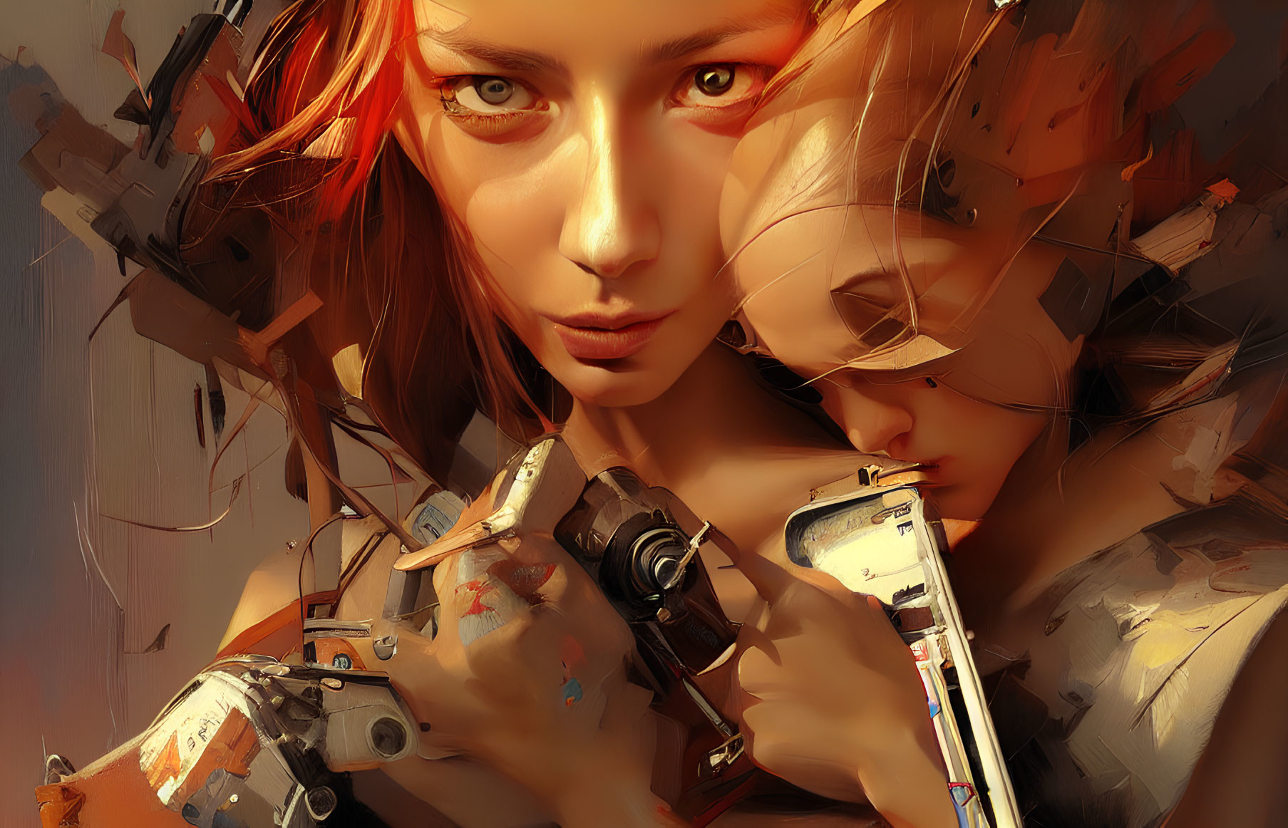 Two Reddish-Haired Female Cyborgs with Intense Gaze and Mechanical Parts on Abstract Background