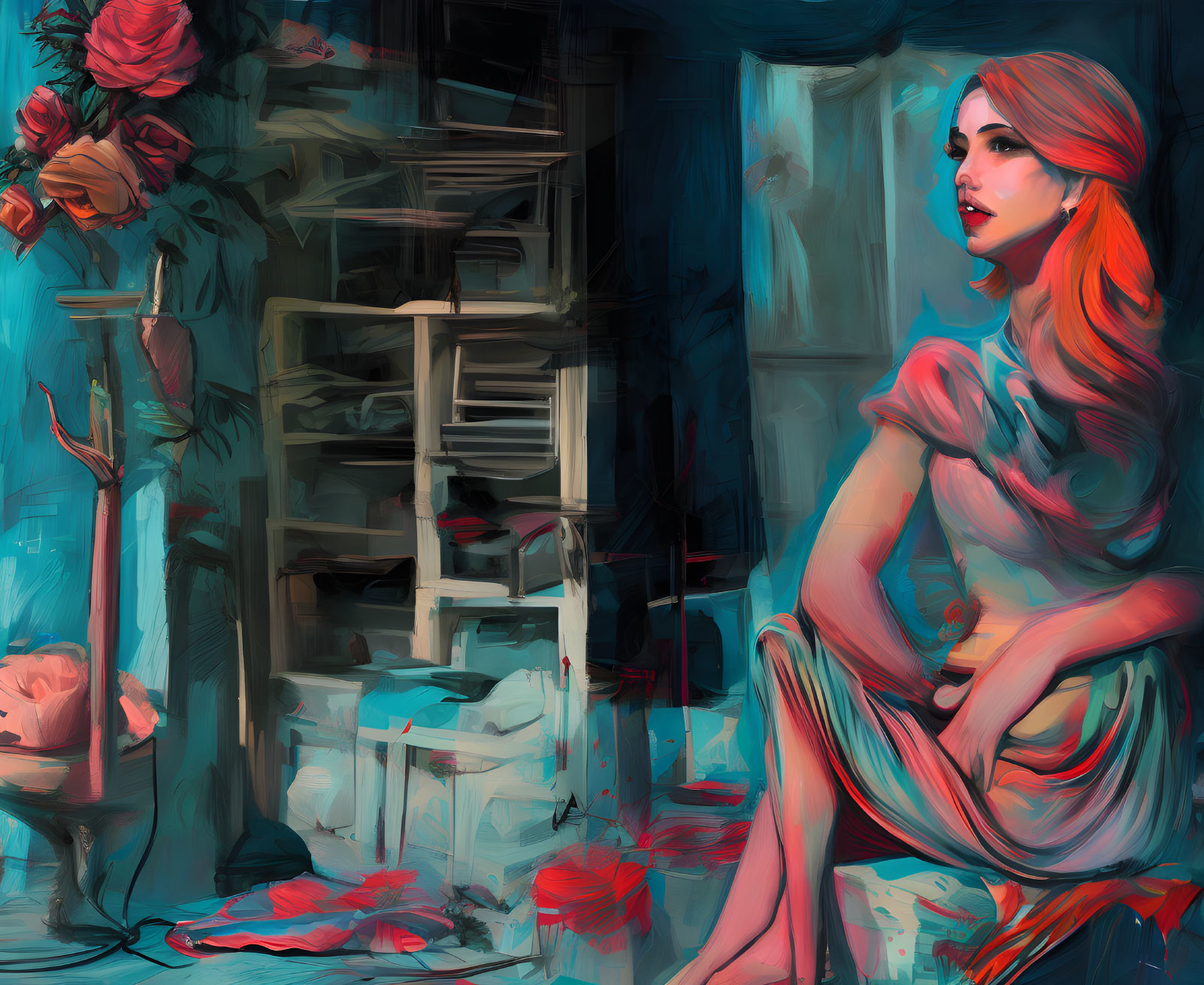 Stylized painting of woman with red accents in cluttered room