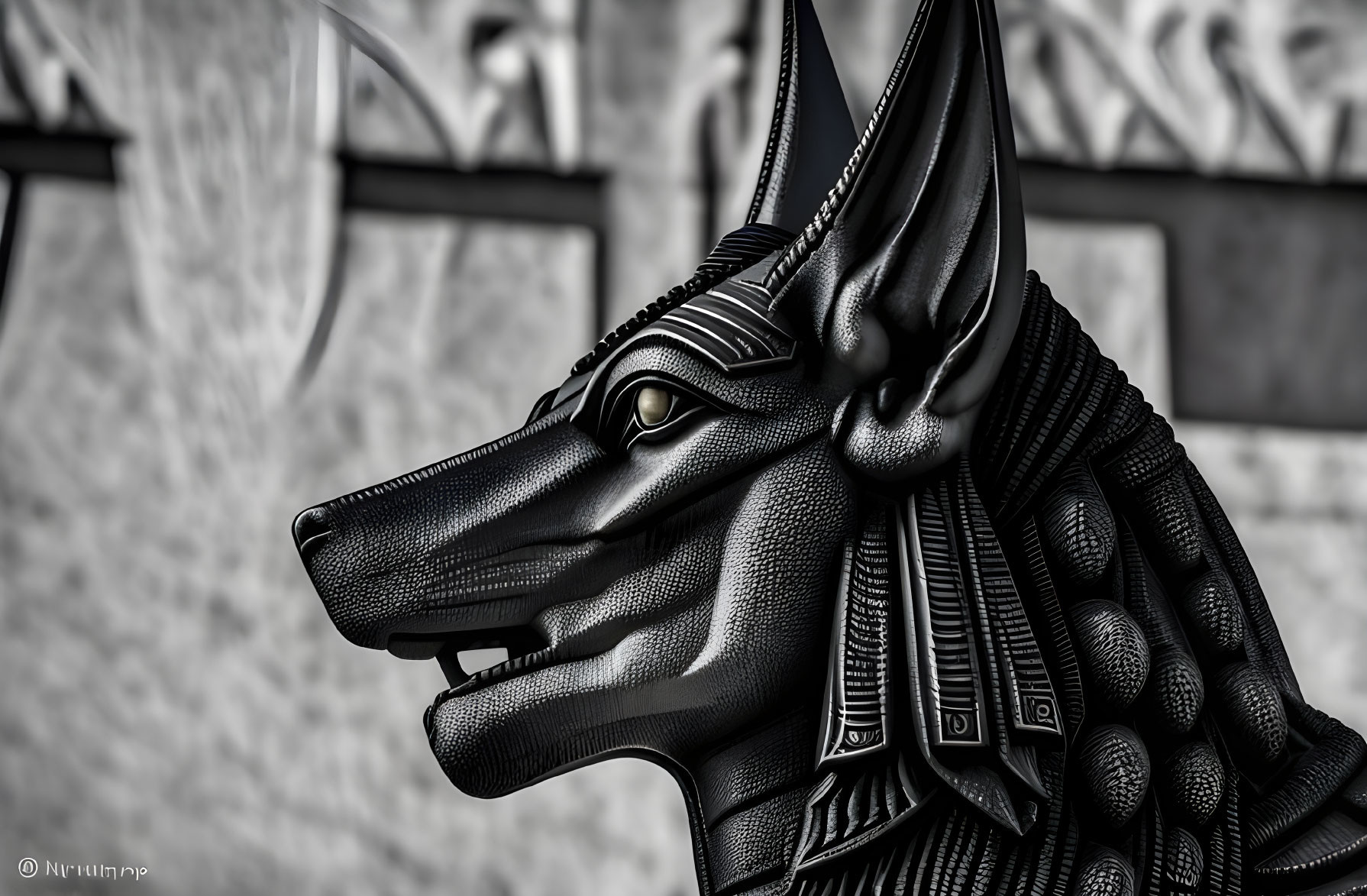 Detailed Black and White Photo of Egyptian Anubis Statue Head