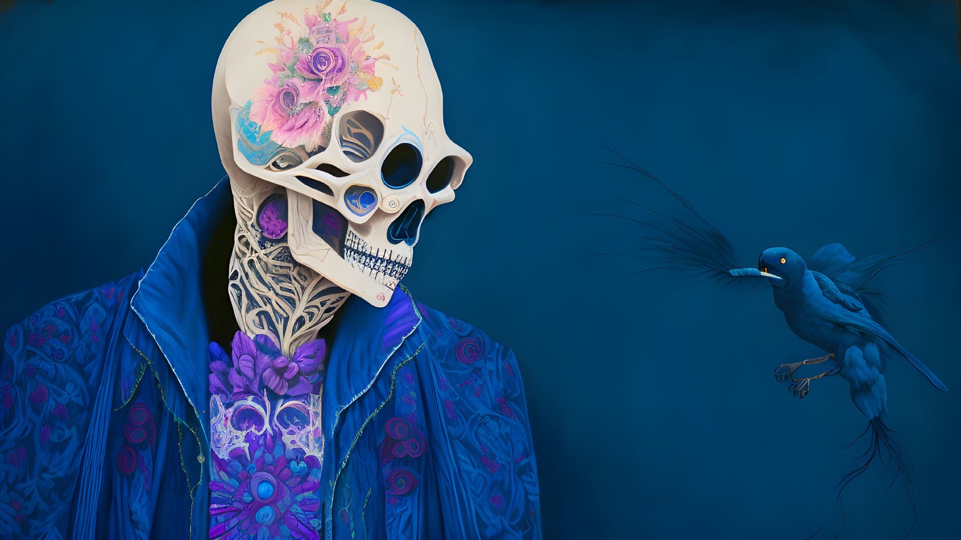Skeletal figure with floral skull and blue jacket on dark background