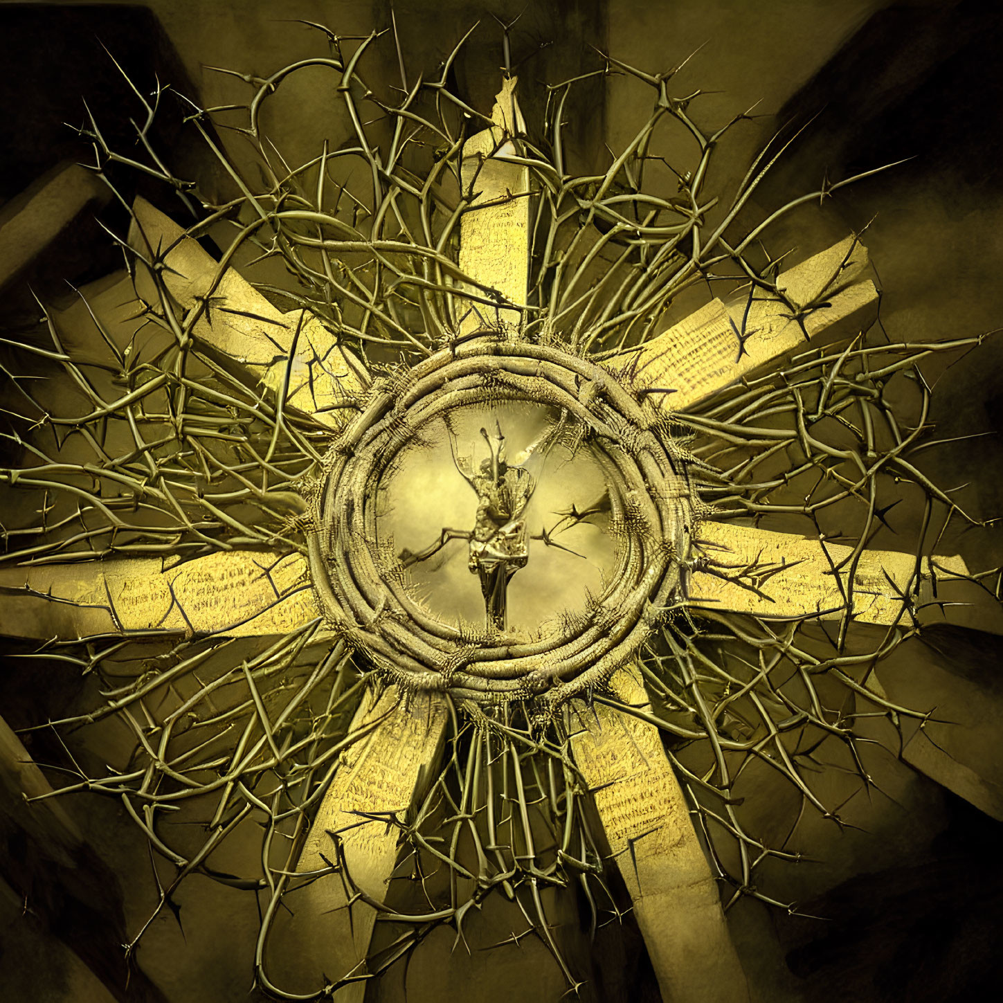 Sepia-toned art: Jesus on cross with crown of thorns, surrounded by script-covered sun