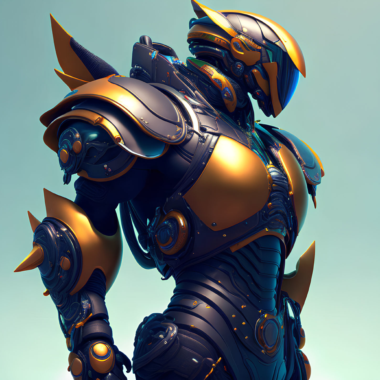 Detailed Futuristic Warrior in Blue and Gold Armor