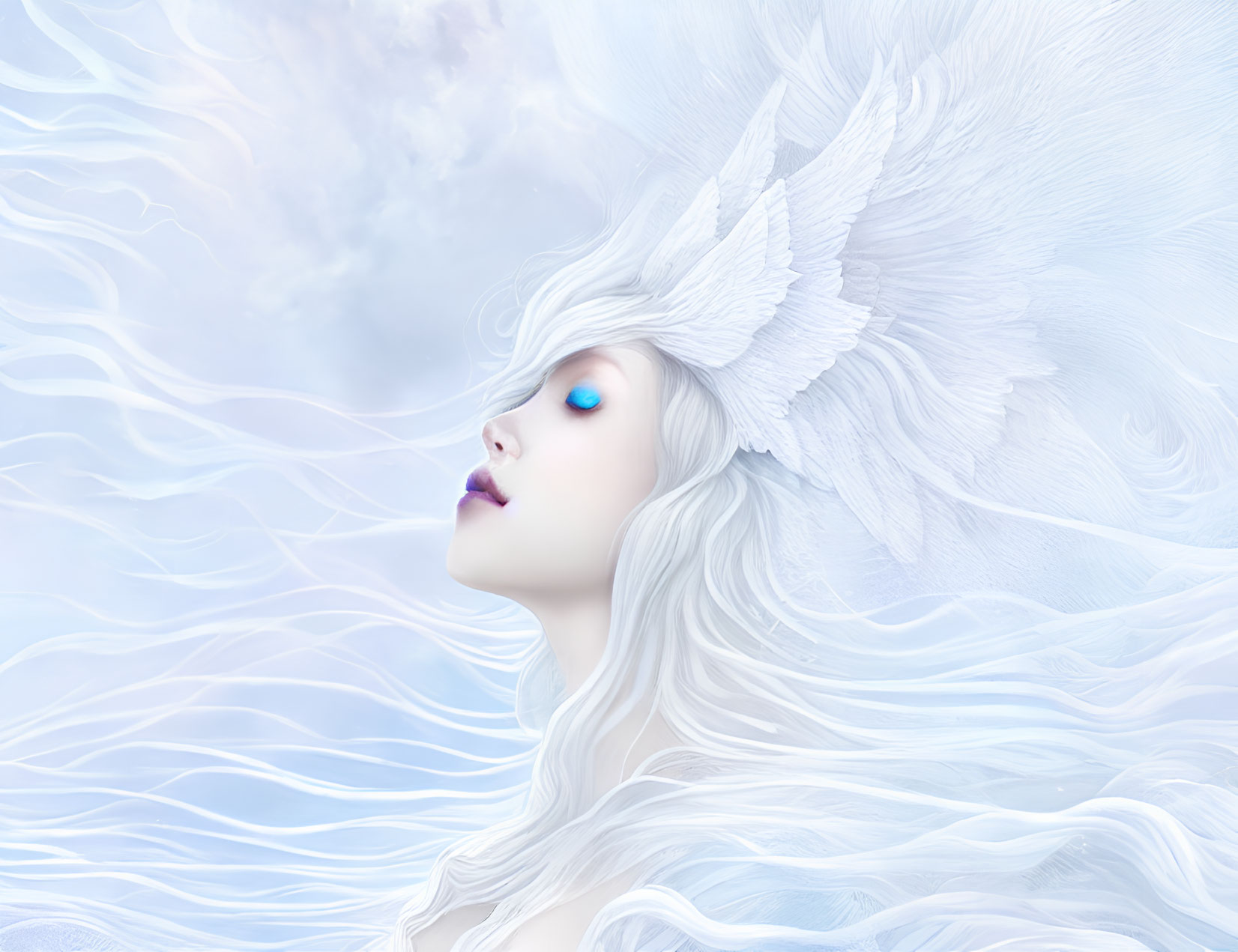 Fantasy illustration of woman with white hair and winged headdress in blue and white backdrop