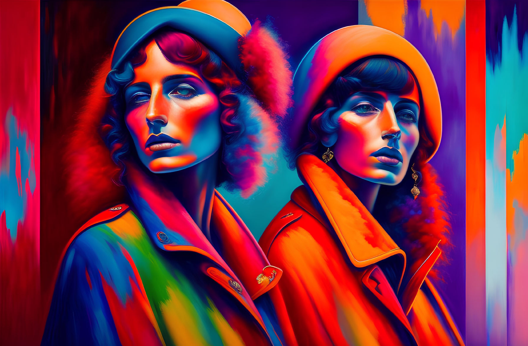 Abstract digital artwork of two female figures in orange and blue attire on vibrant background