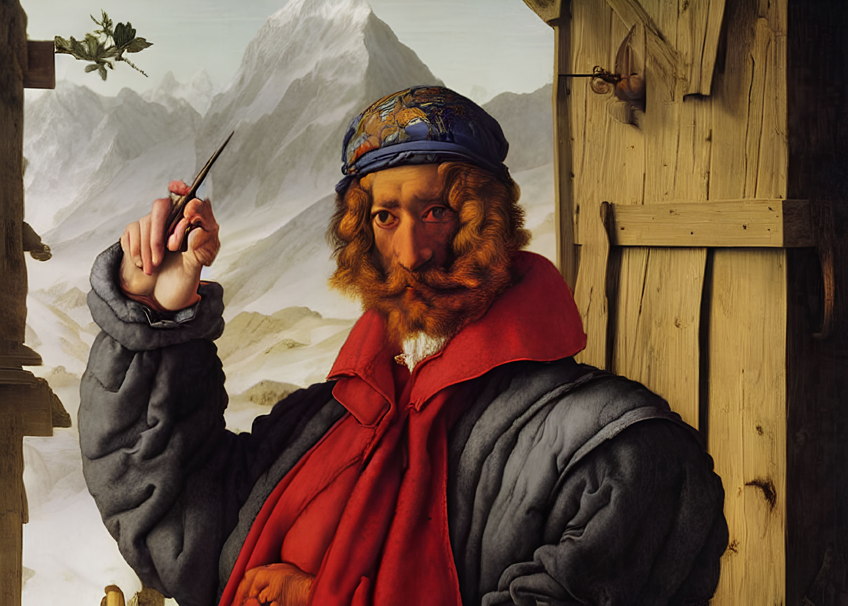 Portrait of Bearded Man in Red and Black Robe with Pen, Alpine Backdrop, and Wooden