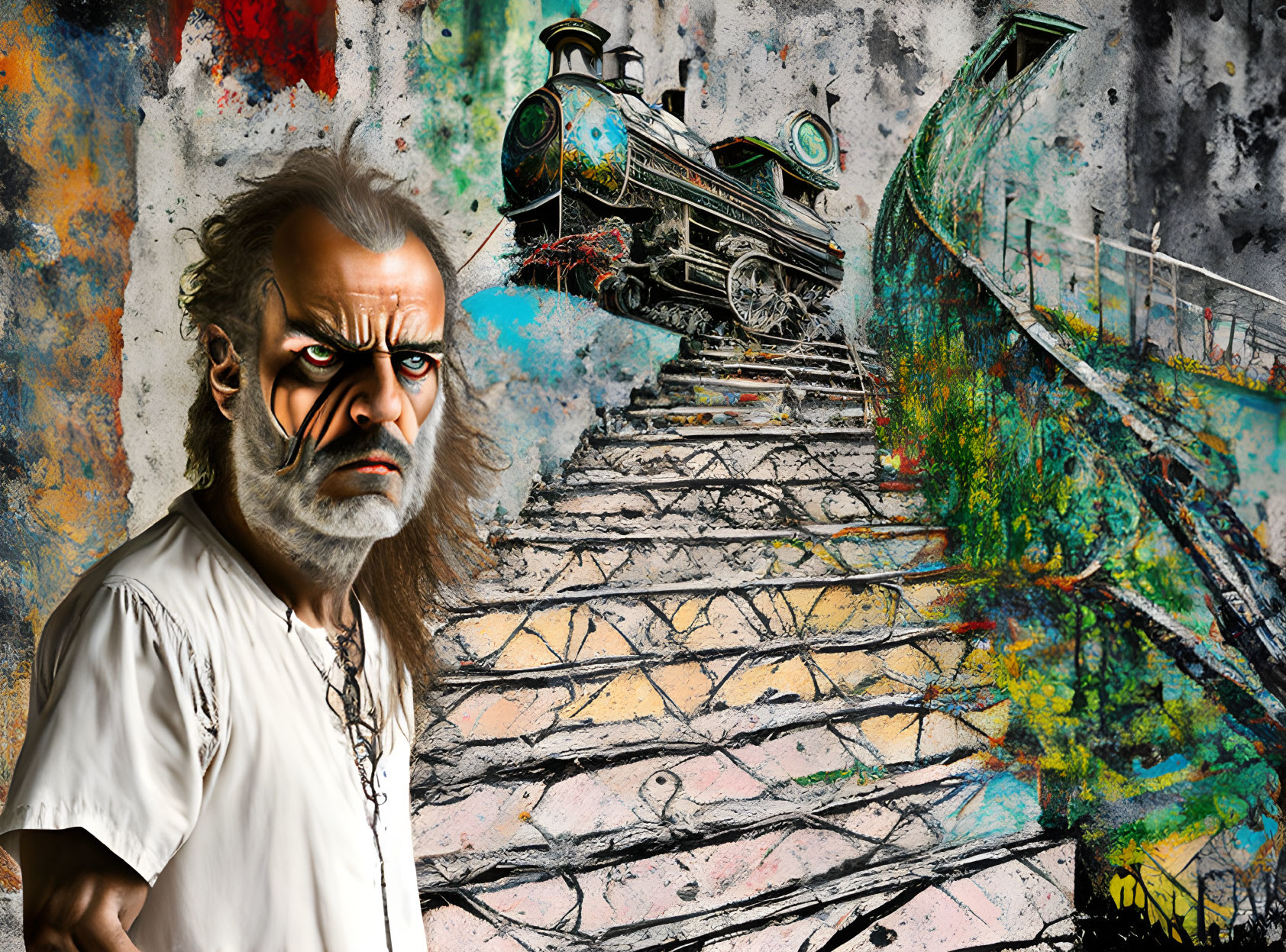 Bearded man gazes at colorful mural of steam locomotive