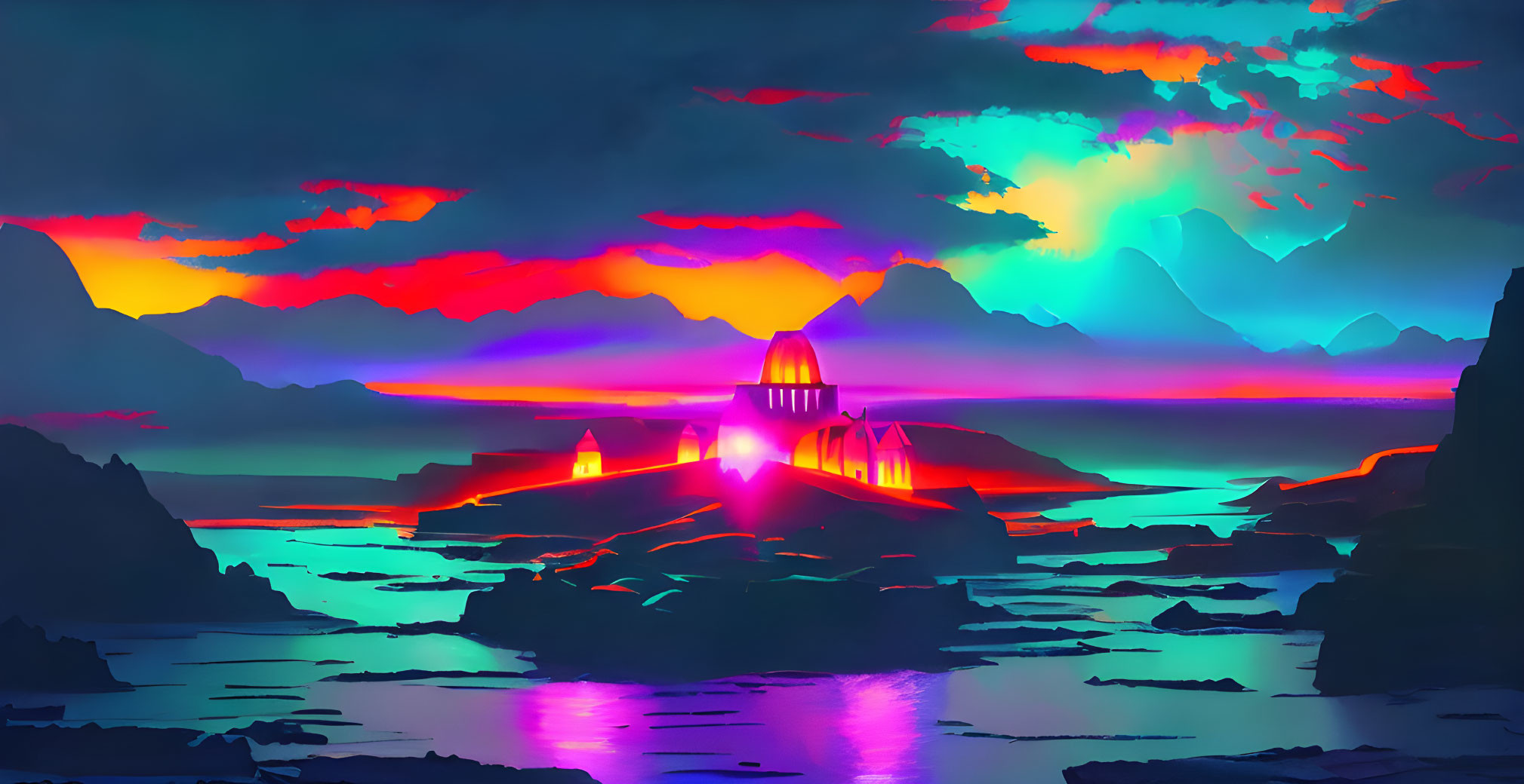 Colorful digital artwork of a glowing building in a fantastical landscape