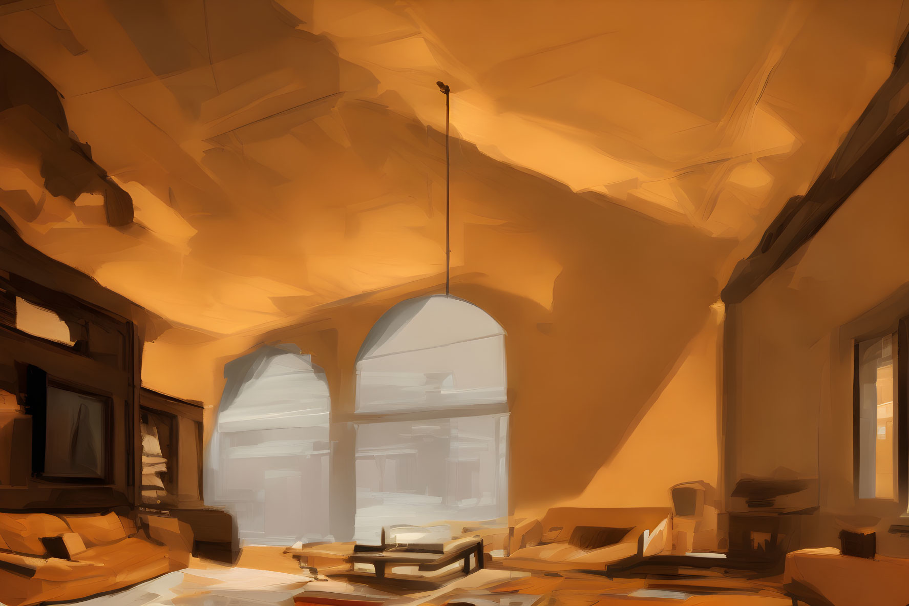 Impressionistic indoor scene with arch windows, scattered papers, and furniture outlines