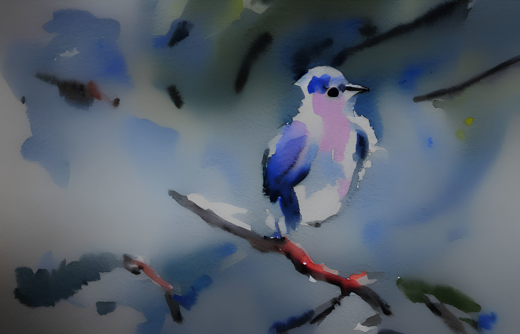 Blue and white bird on branch in watercolor painting with abstract splashes