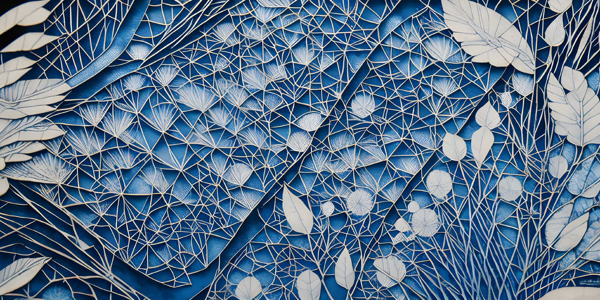 White botanical patterns and geometric shapes on deep blue background