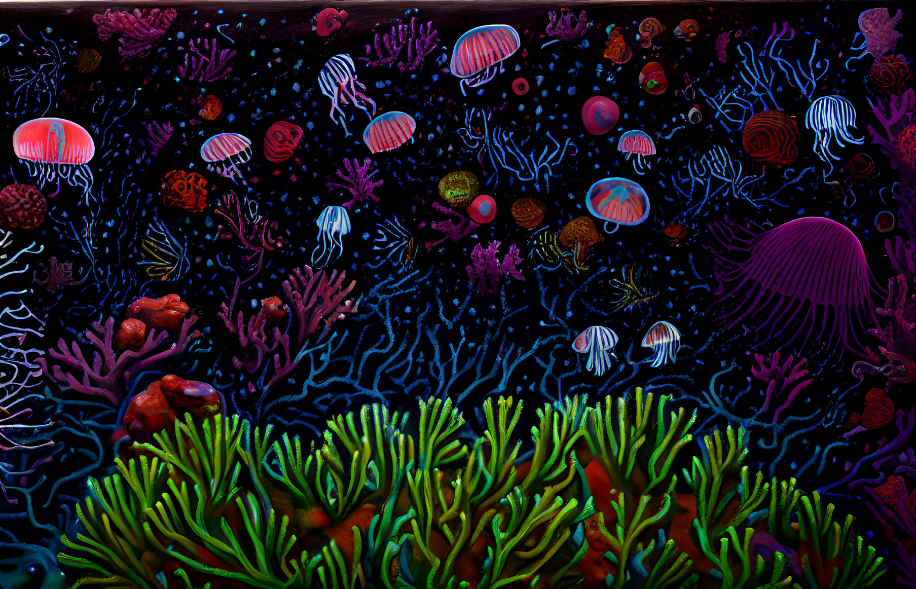 Colorful Jellyfish, Corals, and Sea Anemones in Underwater Scene