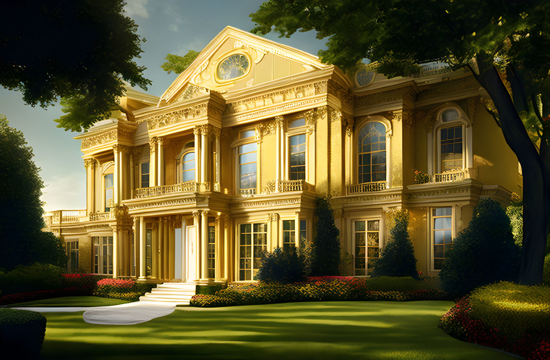 Elegant classical mansion in sunlight with ornate gardens