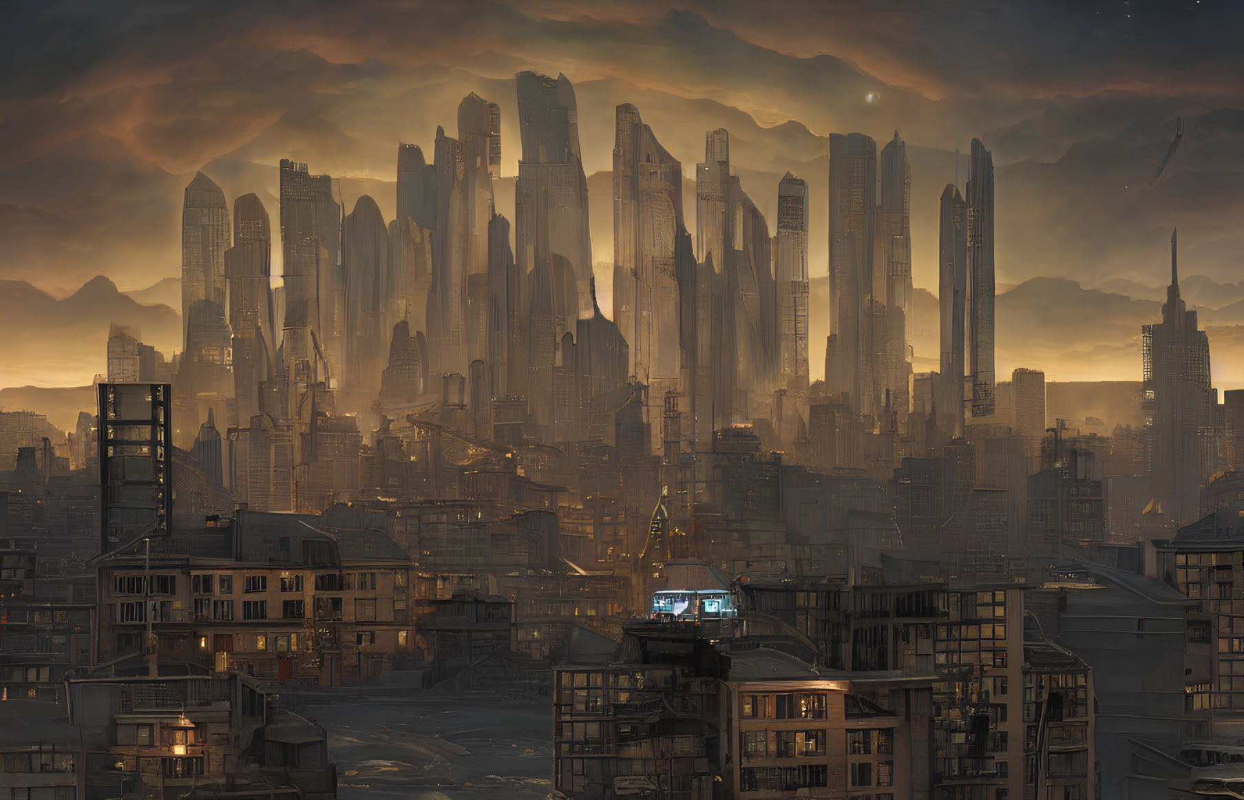 Futuristic cityscape with glowing skyscrapers at dusk