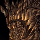 Golden figure with patterned face and flowing lines on black background