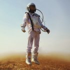 Detailed White and Orange Astronaut Suit in Serene Mountain Landscape