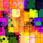Vibrant 3D abstract rendering with multicolored blocks in canyon structure