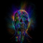 Cosmic digital artwork featuring mystical face with glowing nebula patterns