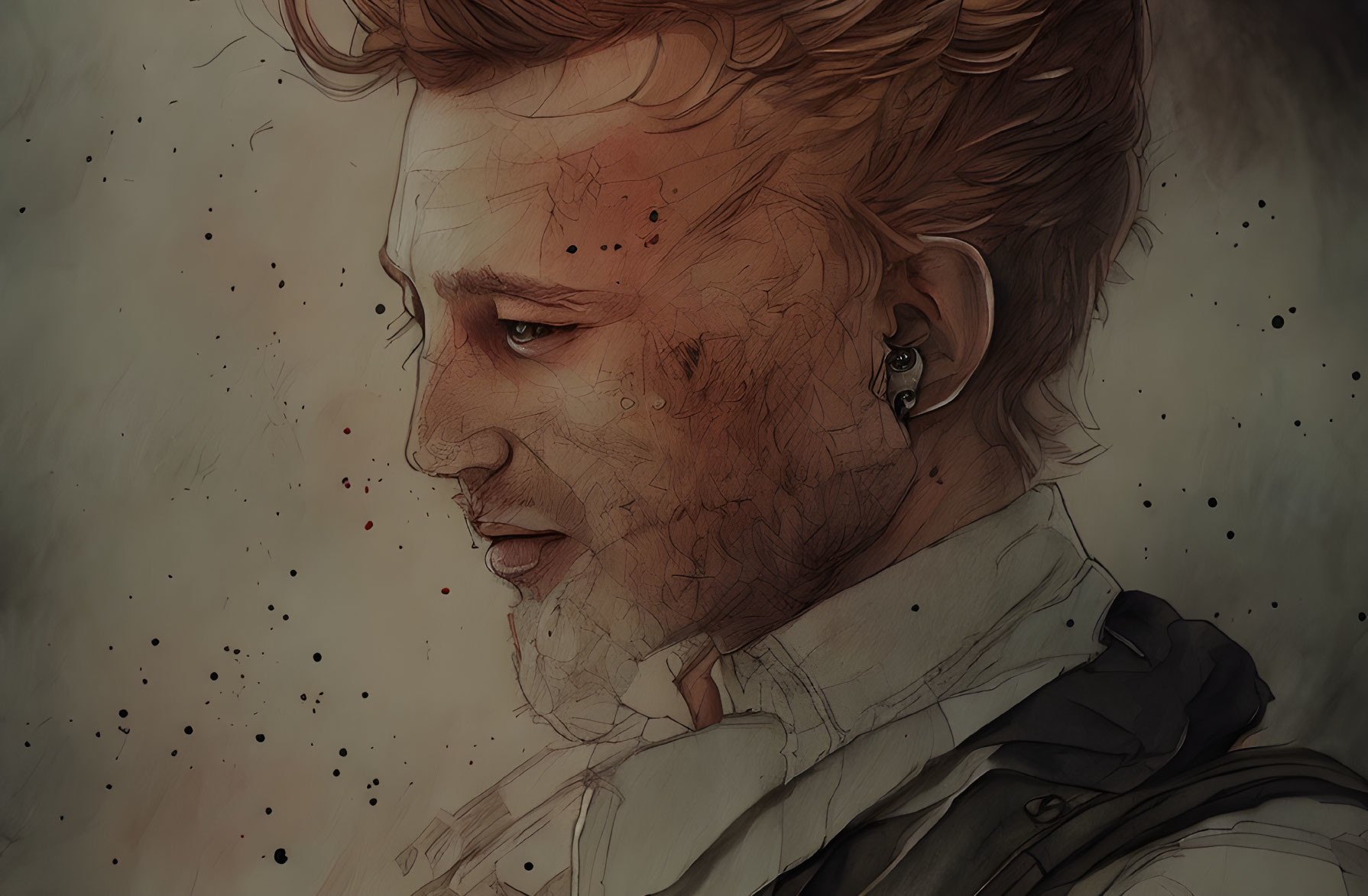 Detailed Facial Hair Man Illustration with Muted Colors & Splatter Texture